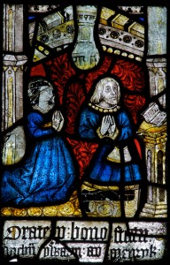 Meurig ap Llywelyn and his family in a detail from a stained-glass window at Llangadwaladr Church, Anglesey. The glass on this part of the window dates to the end of the fifteenth century.